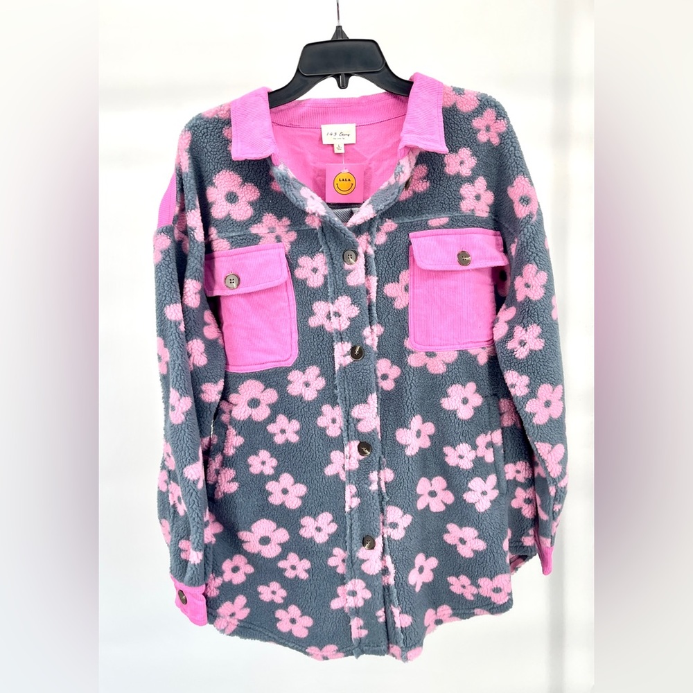 1.4.3. Story by Line Up Sold By LALA Pink and Gray Floral Sherpa Jacket Pockets